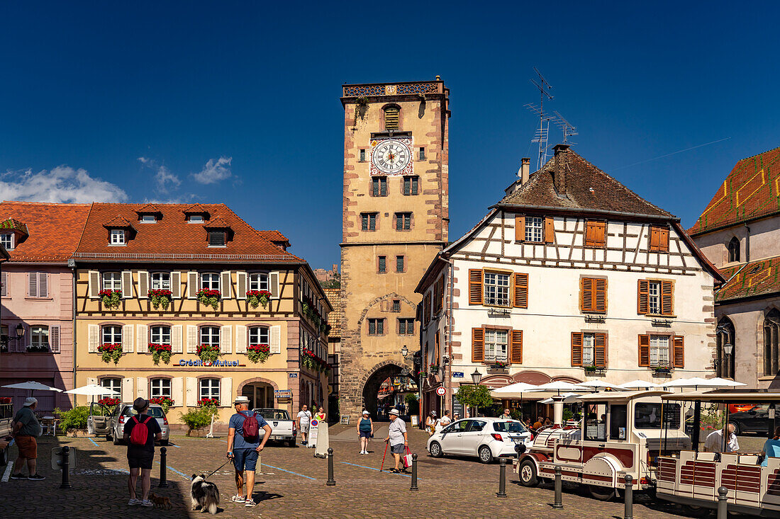  Half-timbered houses of the Grand Rue and the Butcher&#39;s Tower in Ribeauville, Alsace, France  