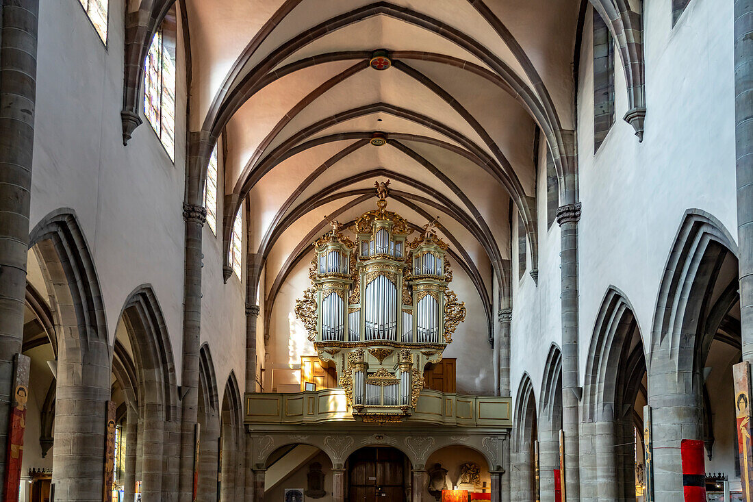 Innenraum und Orgel der römisch-katholischen Kirche St-Grégoire oder St. Gregor in Ribeauville, Elsass, Frankreich
