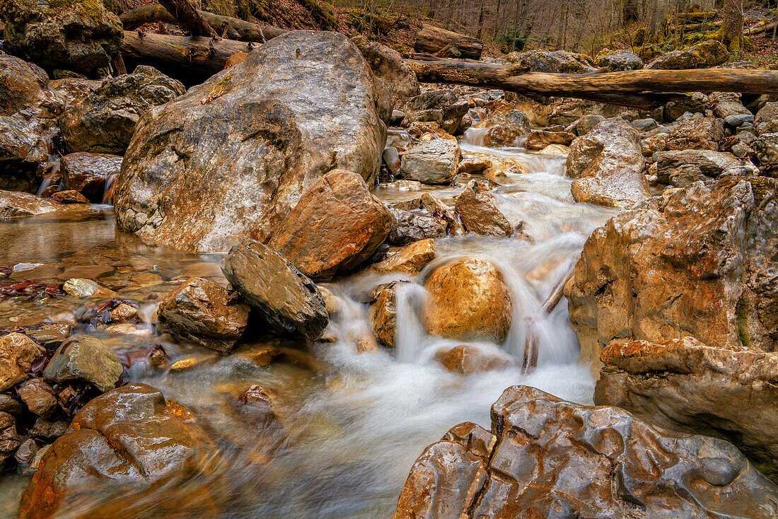  Autumn at the Lainbach waterfall near Kochel am See, Upper Bavaria, Bavaria, Germany, Europe 