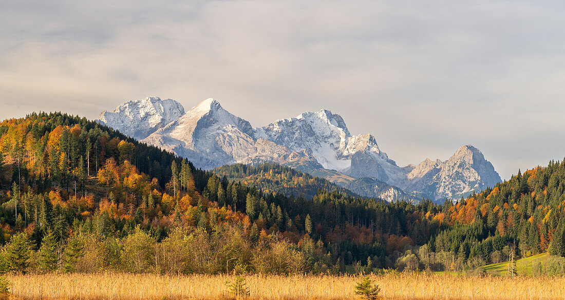 Blick auf das Wettersteingebirge im Herbst, Bayern, Deutschland