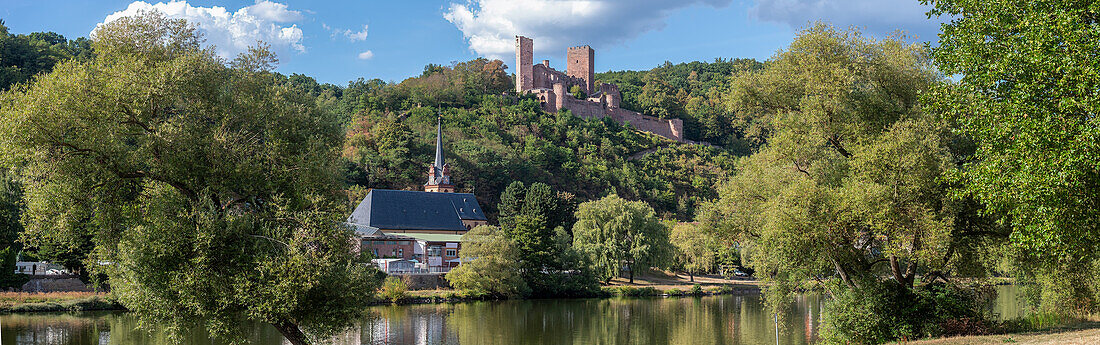  View over the Main to the Henneburg, Spessart, Bavaria, Germany 