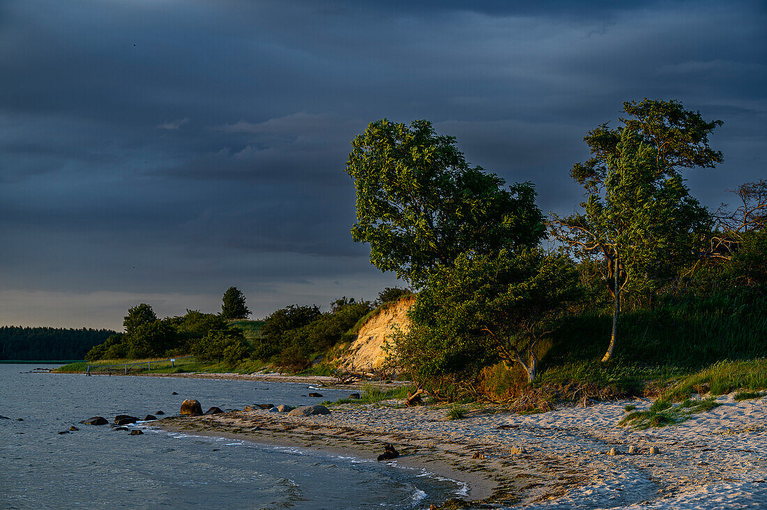 Sonnenuntergang am Strand, Naturschutzgebiet Halbinsel Devin bei Stralsund, Ostseeküste, Mecklenburg-Vorpommern, Deutschland