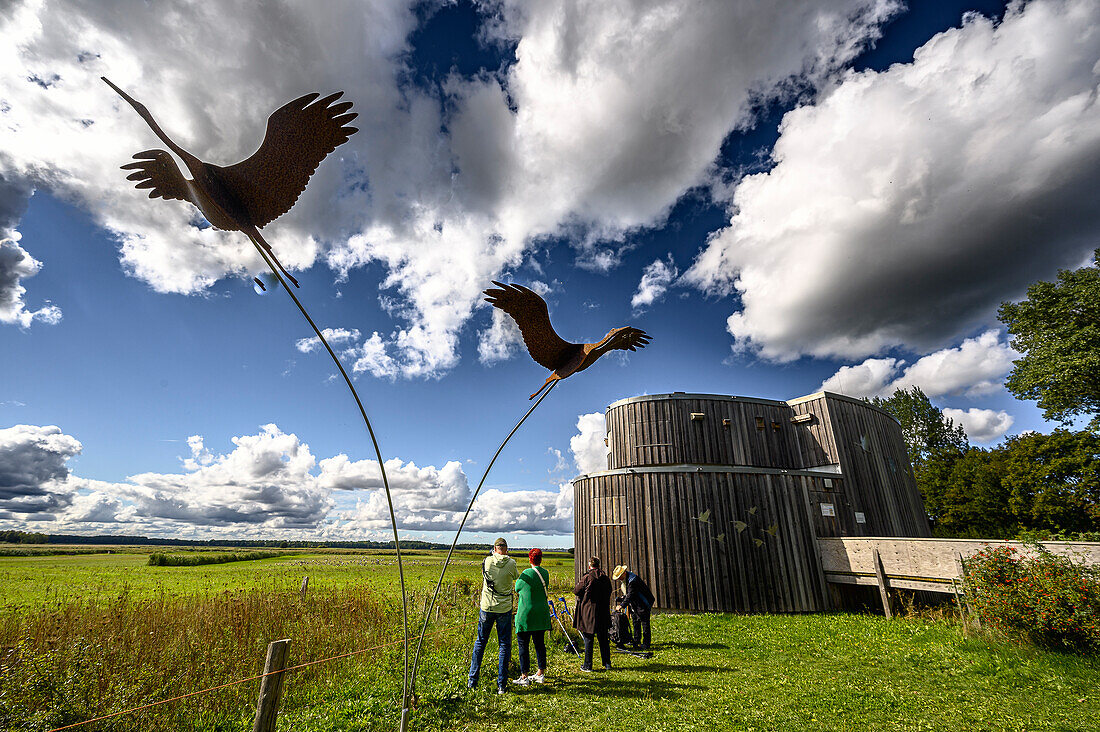  CRANORAMA on Lake Günzer, a modern and barrier-free observation station for cranes, opened in 2015. Groß Mohrdorf, Baltic Sea coast, Mecklenburg Western Pomerania, Germany 