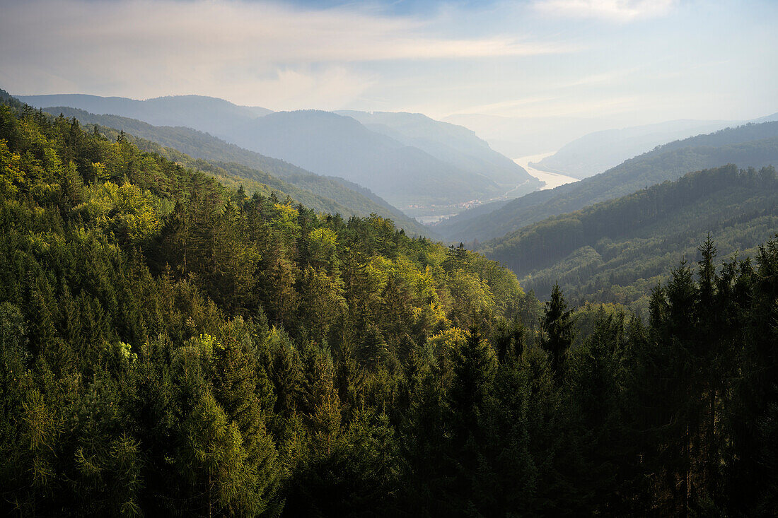 Fernbick auf das Durchbruchstal der Donau, UNESCO Welterbe "Kulturlandschaft Wachau", Fernblick auf die Donau, Niederösterreich, Österreich, Europa