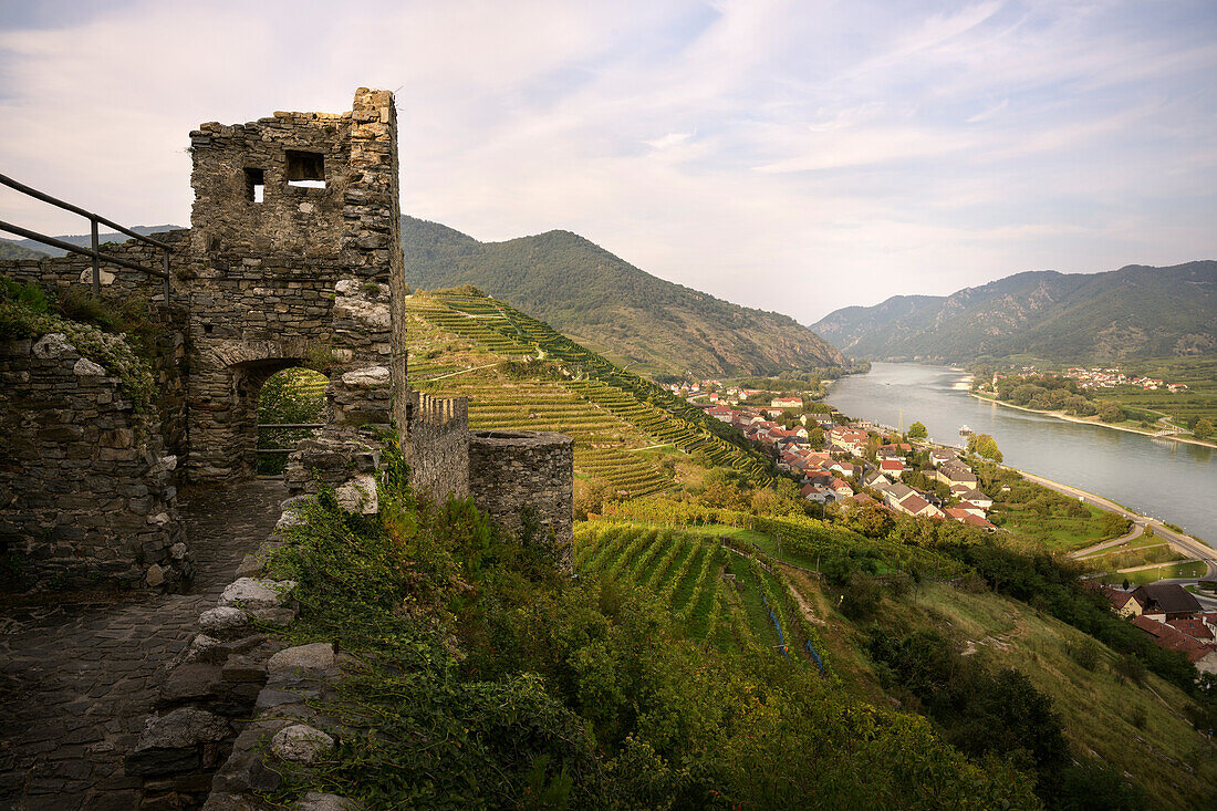 Burgruine Hinterhaus mit Blick auf Spitz an der Donau und dem Tausendeimerberg, UNESCO Welterbe "Kulturlandschaft Wachau",  Niederösterreich, Österreich, Europa