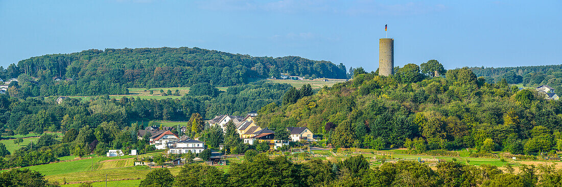  The fortified tower of Hartenfels Castle towers over the landscape of the Westerwald, Rhineland-Palatinate, Germany 