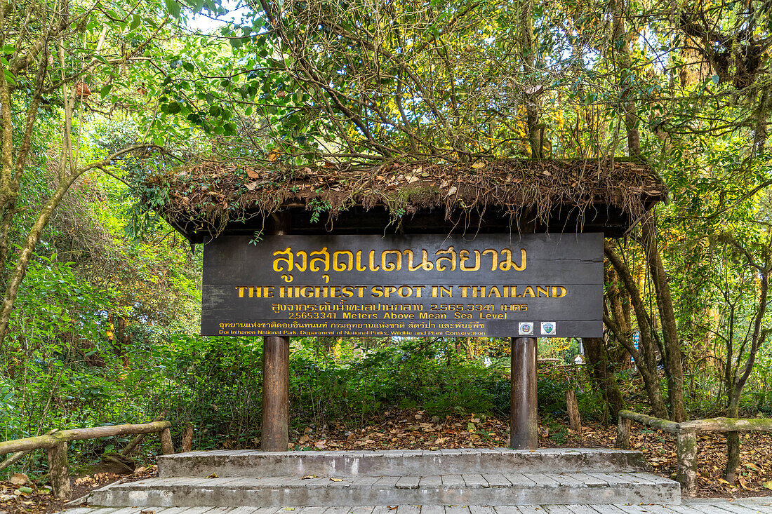 Yod Doi Nature Trail mit der Infotafel Höchster Punkt Thailands, Doi Inthanon Nationalpark, Chiang Mai, Thailand, Asien  