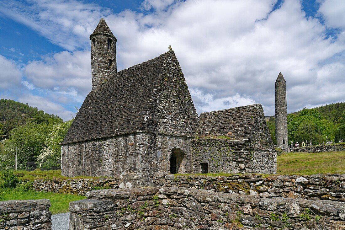 Ireland, County Wicklow, Glendalough, monastic settlement, St.Kevin's church with round tower