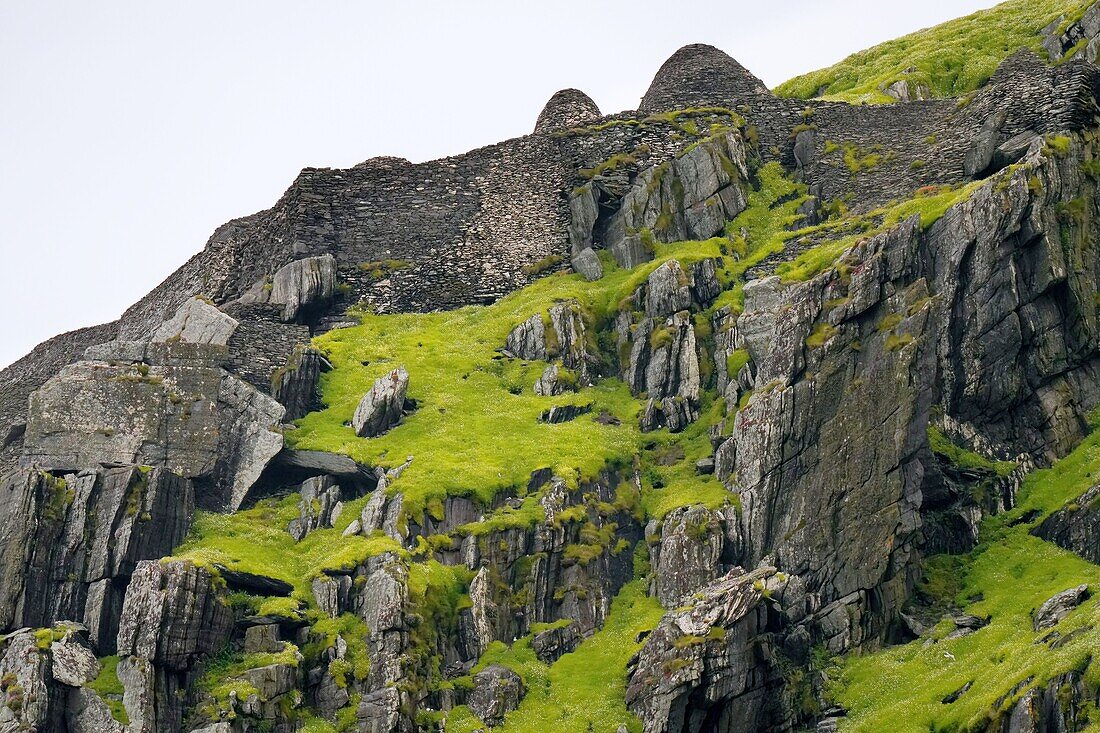 Ireland, County Kerry, Skellig Michael Island, monastic settlement with stone walls