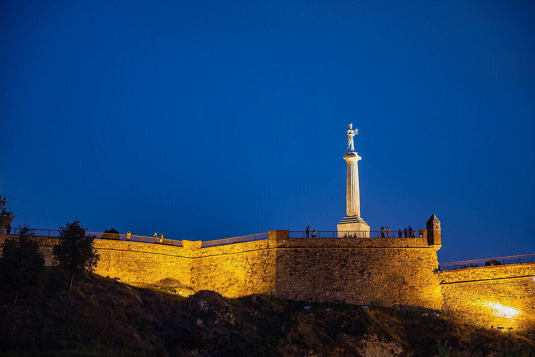 Illuminated Belgrade Fortress at dusk, Belgrade, Belgrade, Serbia, Europe