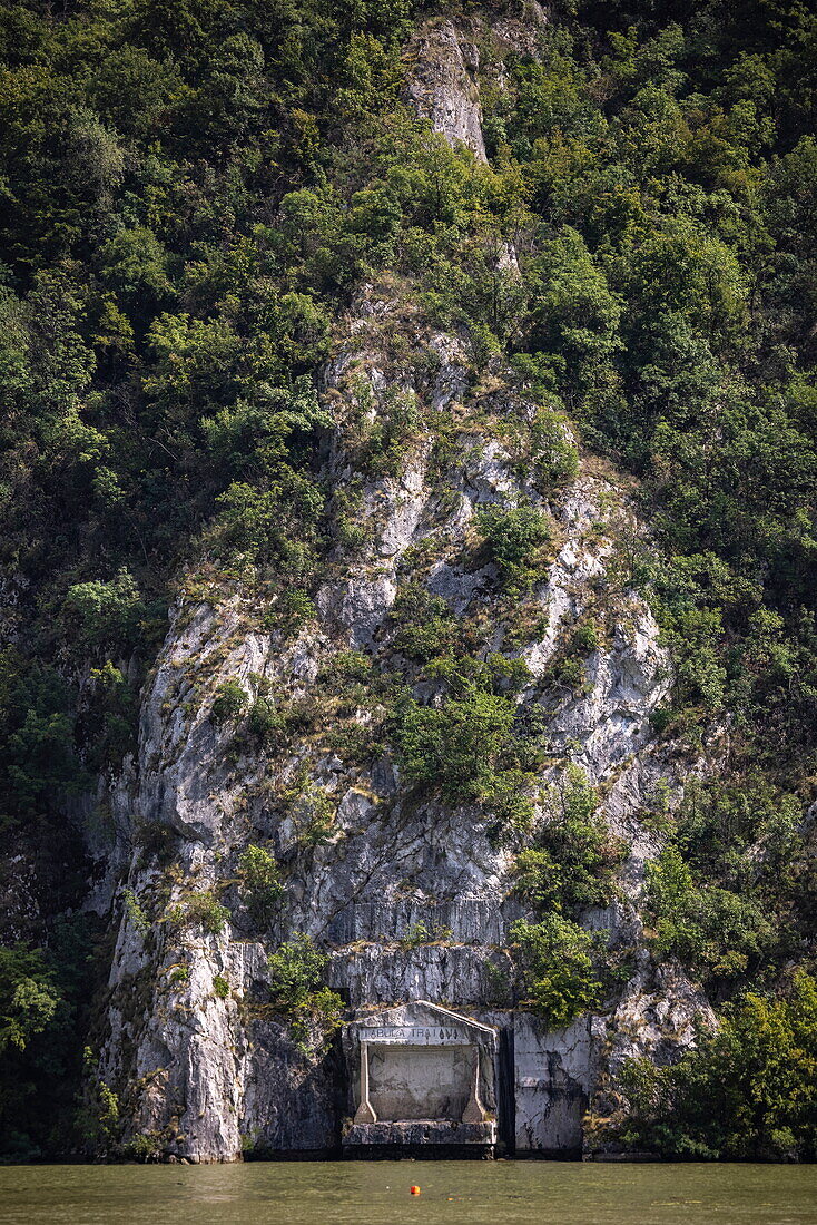 The Roman memorial plaque “Tabula Traiana” on the Serbian side of the Iron Gate Gorge of the Danube, Drobeta Turnu-Severin, Mehedinți, Romania, Europe