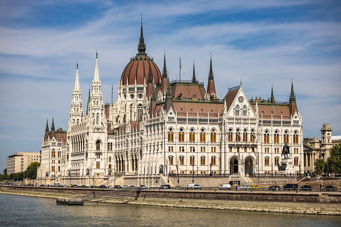 Hungarian Parliament Building seen from river cruise ship NickoVISION (nicko cruises) on the Danube, Budapest, Pest, Hungary, Europe