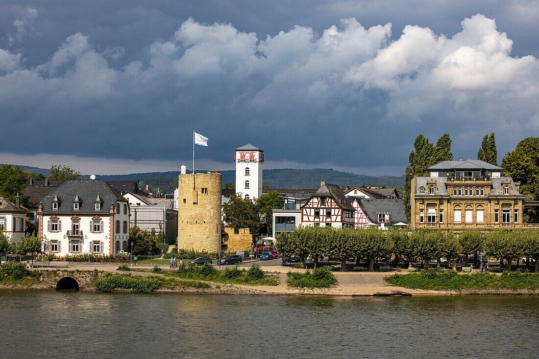 Building of the MM Matheus Müller sparkling wine cellar with tower seen from the river cruise ship on the Rhine, Eltville, Hesse, Germany, Europe