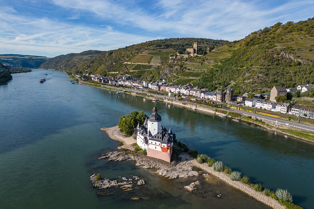 Aerial view of Pfalzgrafenstein Castle with the river cruise ship Rhein Symphonie (nicko cruises) on the Rhine, Kaub, Rhineland-Palatinate, Germany, Europe