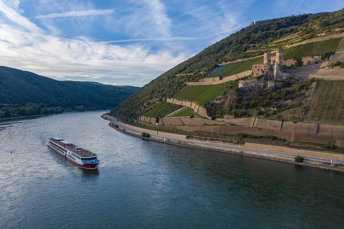 Aerial view of river cruise ship Rhein Symphonie (nicko cruises) on the Rhine with Ehrenfels Castle and vineyards on the hillside, Rüdesheim am Rhein Assmannshausen, Hesse, Germany, Europe