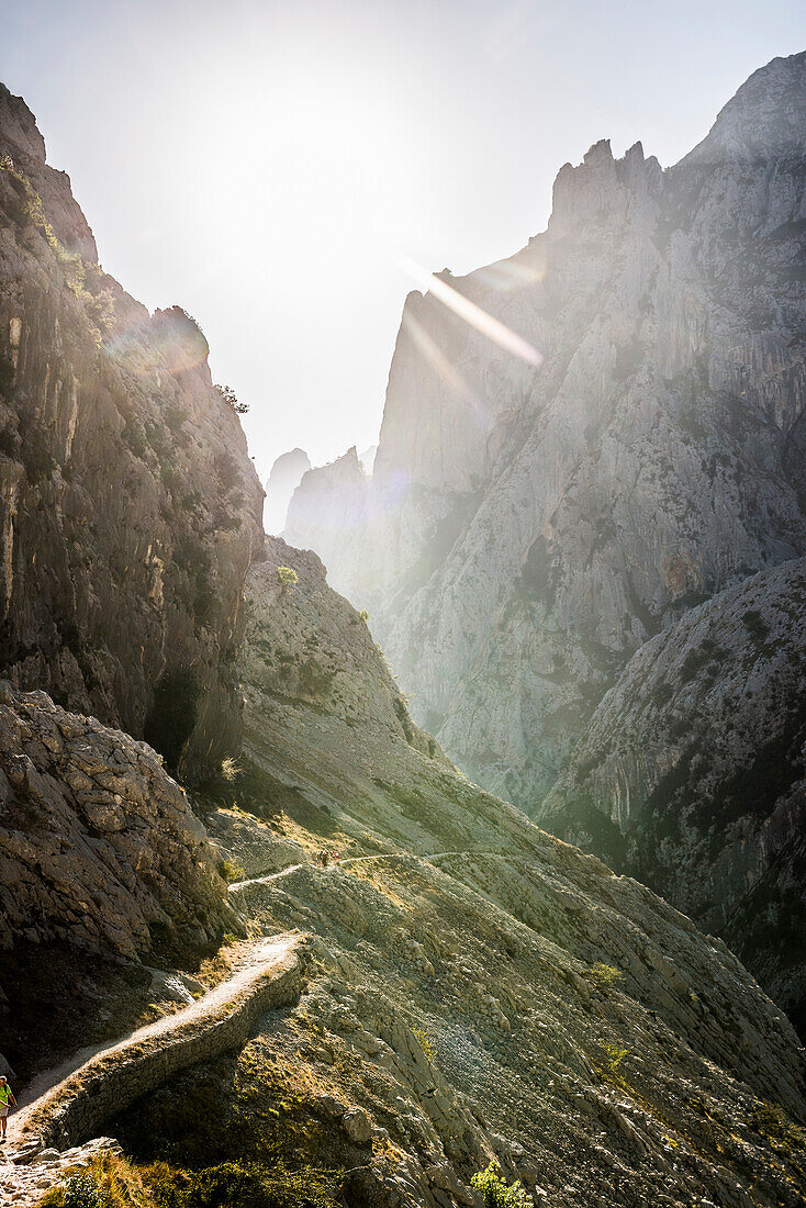 Hiking trail through the Cares Gorge, Rio Cares, Picos de la Europa National Park, Cain, Castilla y León, Cantabria, Northern Spain, Spain