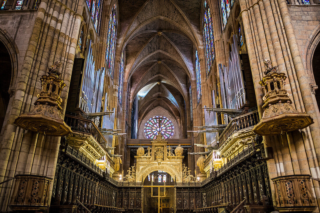 Interior view, Gothic Cathedral, León, Way of St. James, Castile and León, Northern Spain, Spain