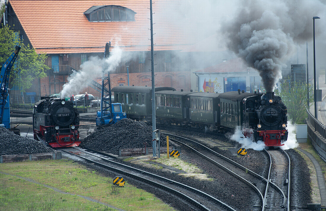 Harz narrow-gauge railways; historic train leaves the train station in Werningerode, Harz, Saxony-Anhalt, Germany at full steam