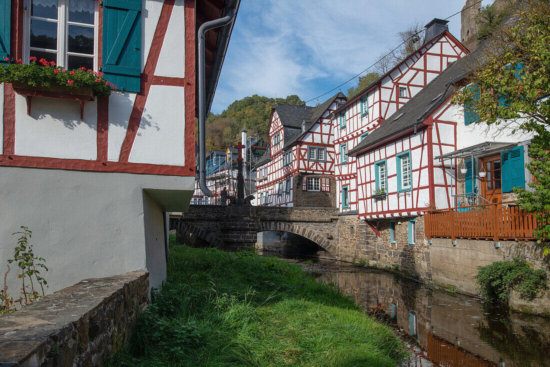 Half-timbered houses on the Eltzbach in the center of Monreal, Rhineland-Palatinate, Germany