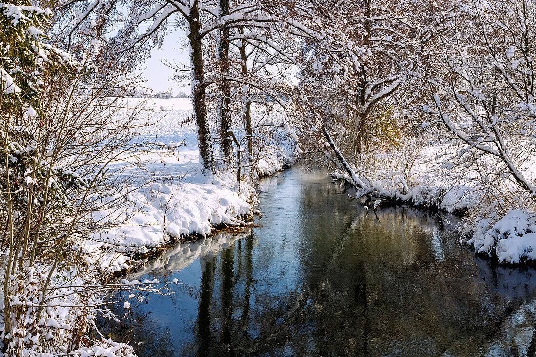 Winterlich verschneite Ufer der Schwillach im Erdinger Land in Oberbayern in Deutschland