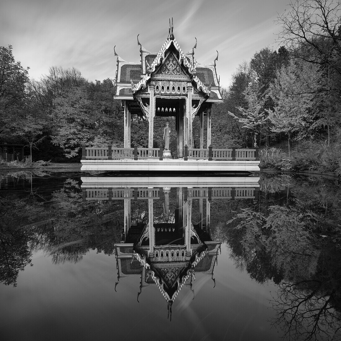 Thai Sala with Buddha statue in a water basin, temple, Westpark, Munich, Upper Bavaria, Bavaria, Germany, Europe