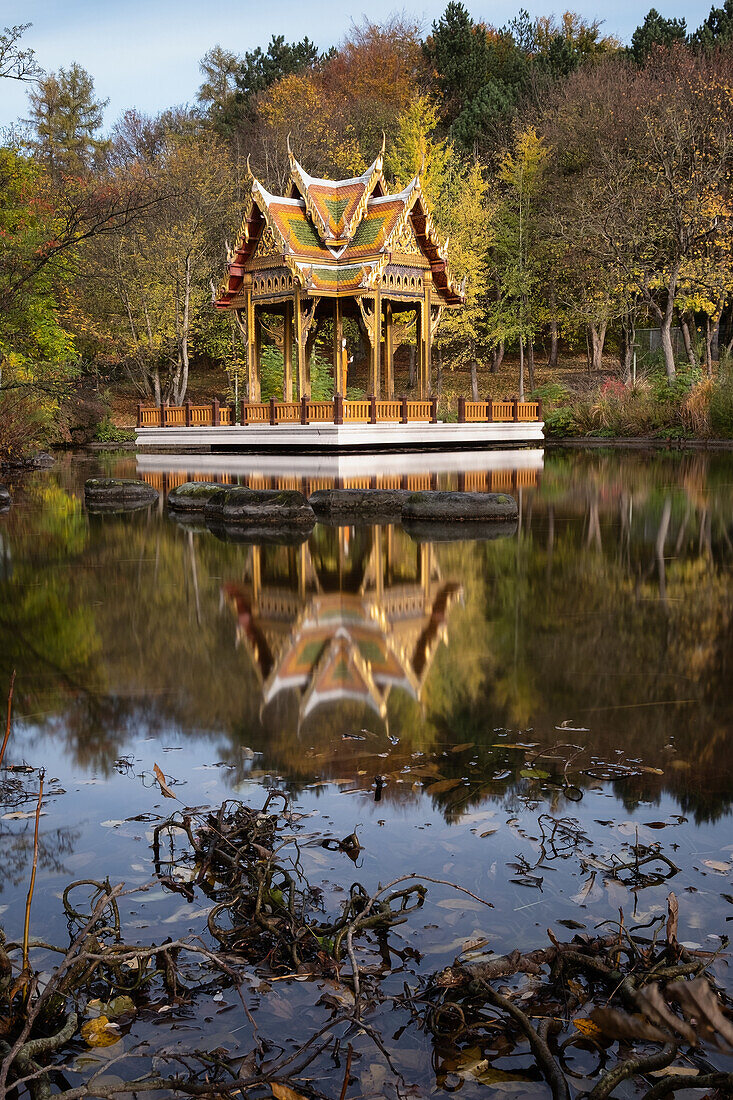 Thai Sala with Buddha statue in a water basin, temple, Westpark, Munich, Upper Bavaria, Bavaria, Germany, Europe