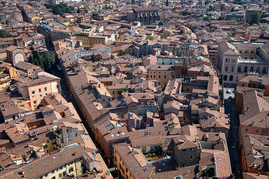 Elevated cityscape of Bologna Old Town from Asinelli Tower, Bologna, Emilia Romagna, Italy, Europe