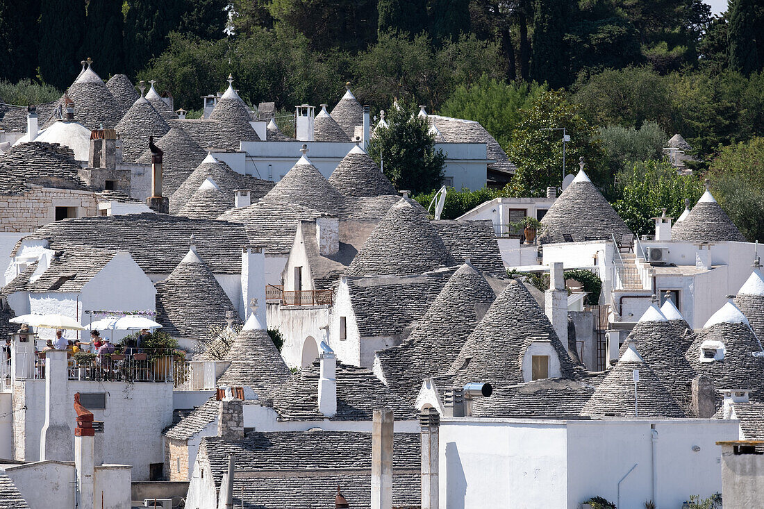 Blick auf Trulli Siedlung, Altstadt, Gemeinde Alberobello, Provinz Bari, Region Apulien, Italien, Europa