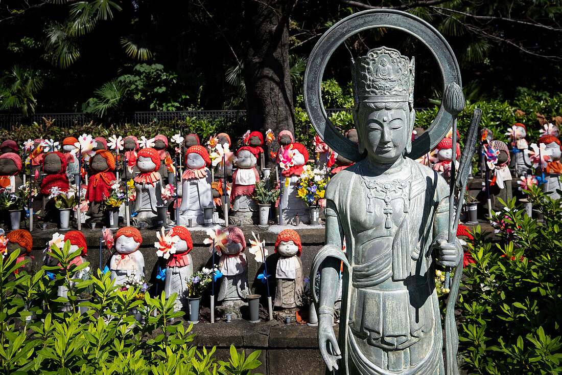 View of Jizo statues (Kosodate Jizo-son) guardian deity of children, Zojoji Temple, Tokyo, Japan, Asia