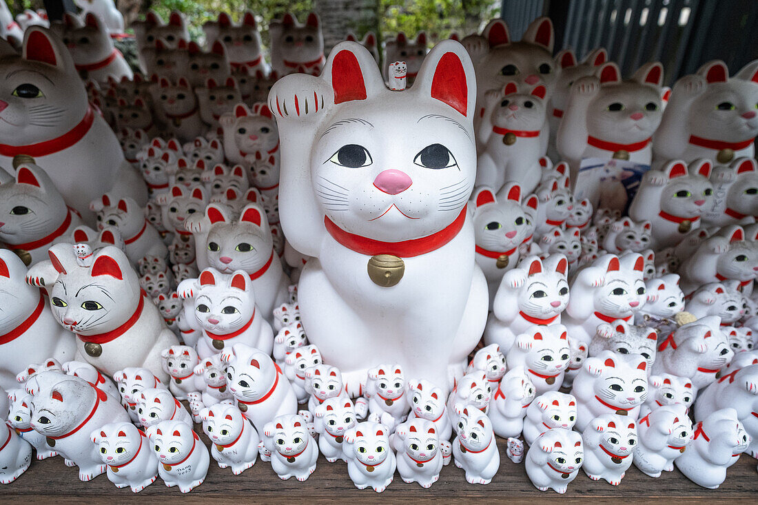 Maneki-neko at the Tama Shrine in the “Cat Temple” Gōtoku-ji Temple, Gotokuji, Tokyo, Japan, Asia