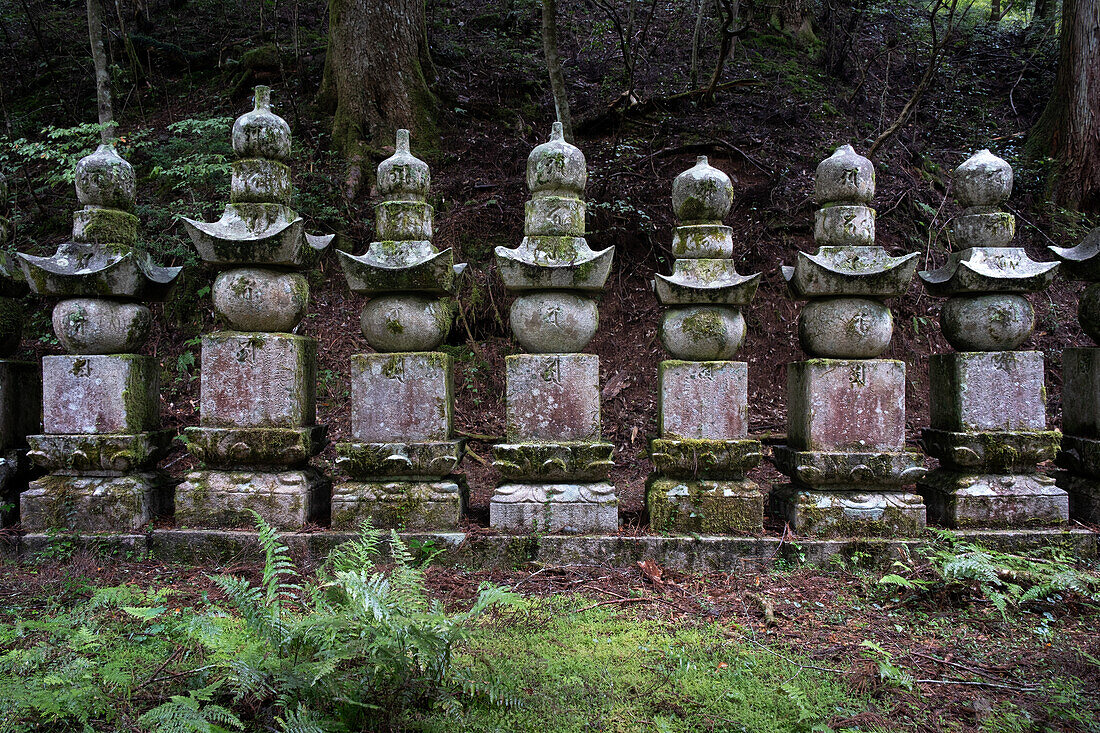 Blick auf Mönchsgräber im Friedhof Okunoin, Okuno-in, Koyasan, Koya, Ito District, Wakayama, Japan