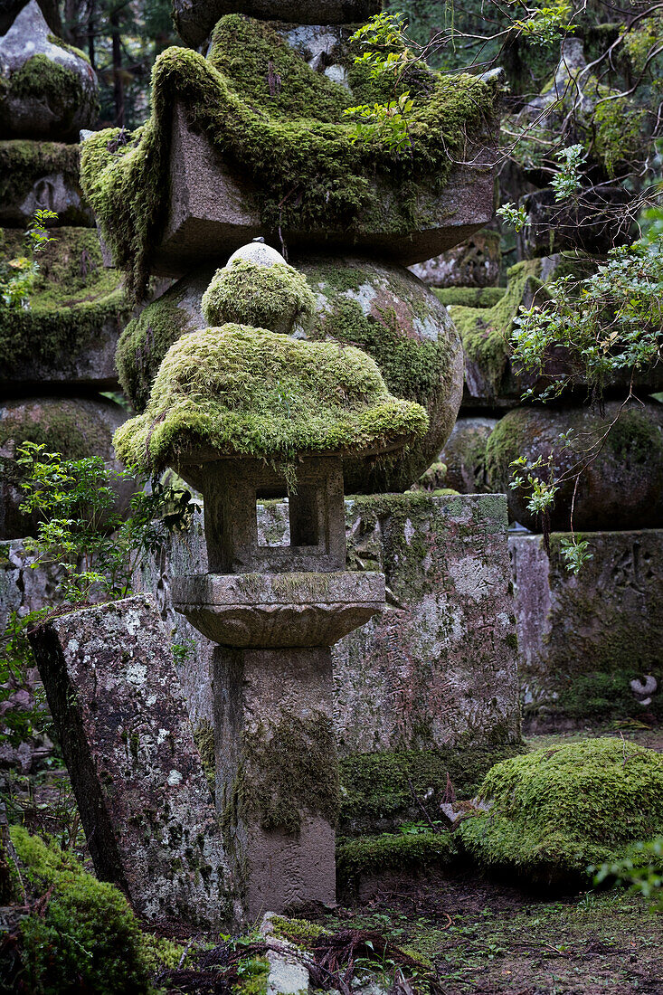 View of mossy lantern in Okunoin Cemetery, Okuno-in, Koyasan, Koya, Ito District, Wakayama, Japan