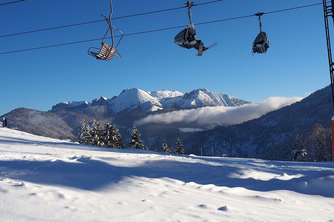 in the Christlum ski area near Achenkirch with Rofan Mountains, Achensee, winter in Tyrol, Austria