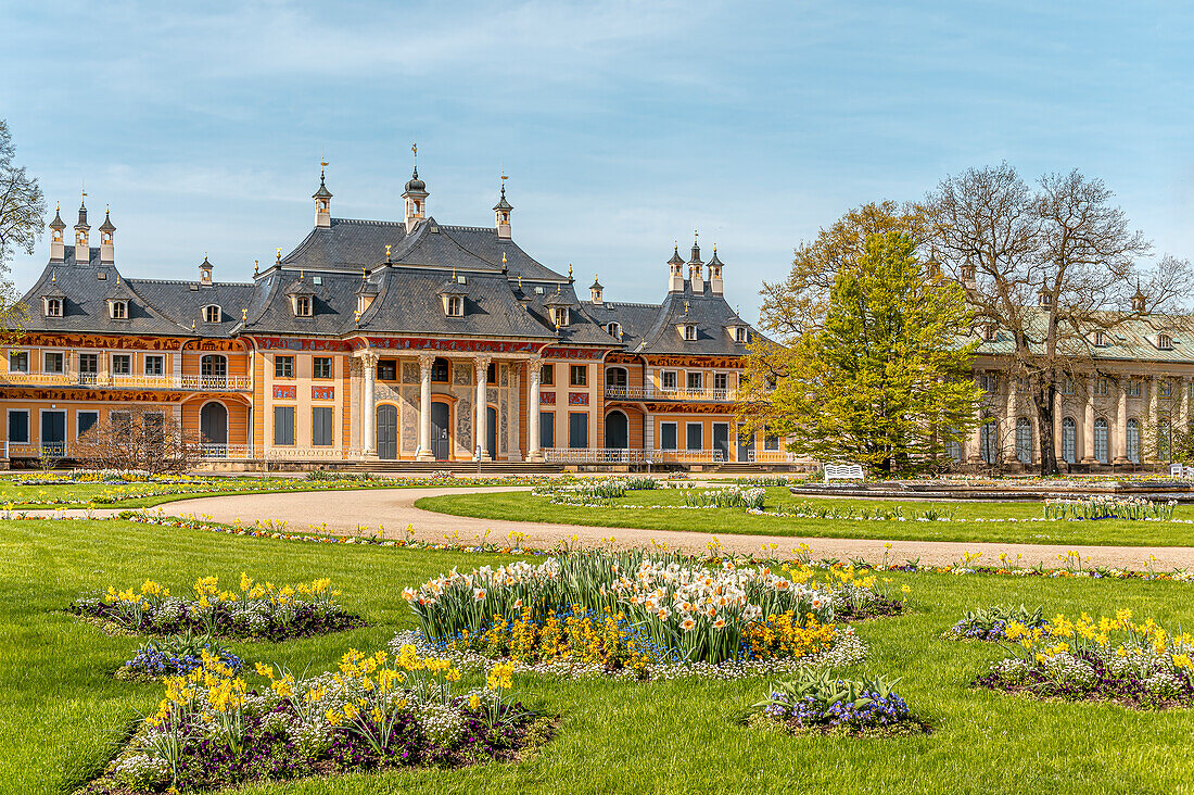 Water palace in Pillnitz Castle Park in spring, Dresden, Saxony, Germany