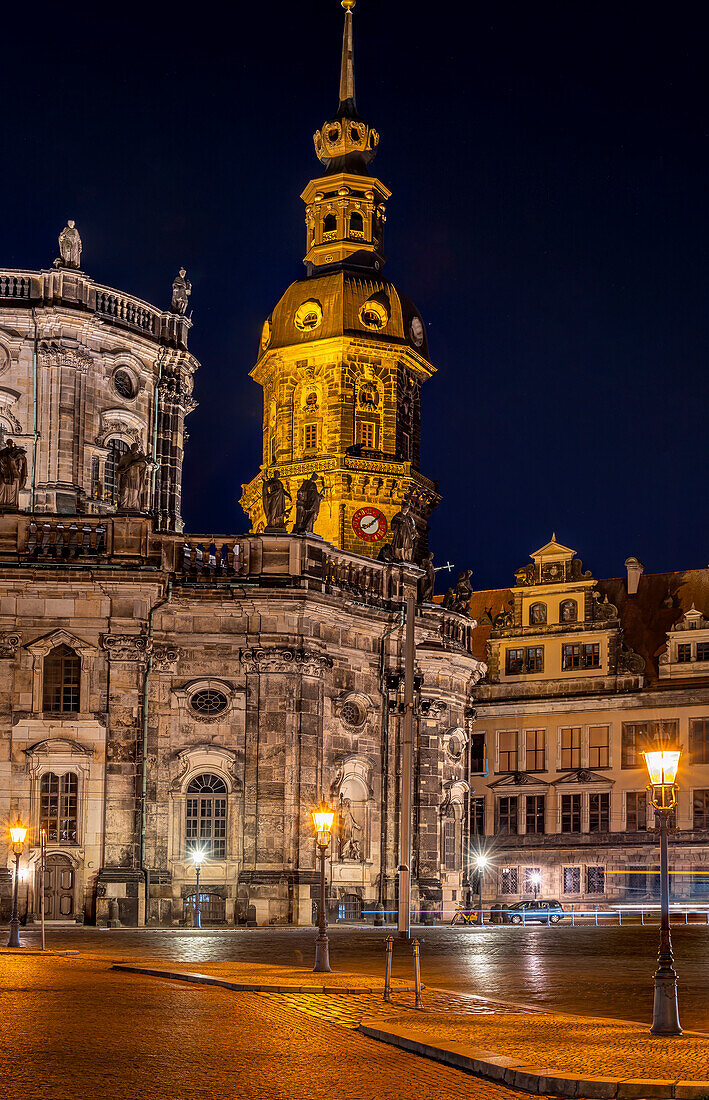 Hausmannsturm of the Residenzschloss and Theaterplatz of Dresden at night, Saxony, Germany