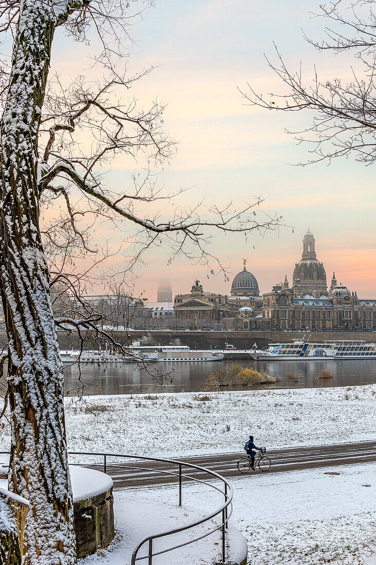 Aussicht auf die historische Skyline mit der Frauenkirche, am Fluss Elbe im Winter, Dresden, Sachsen, Deutschland