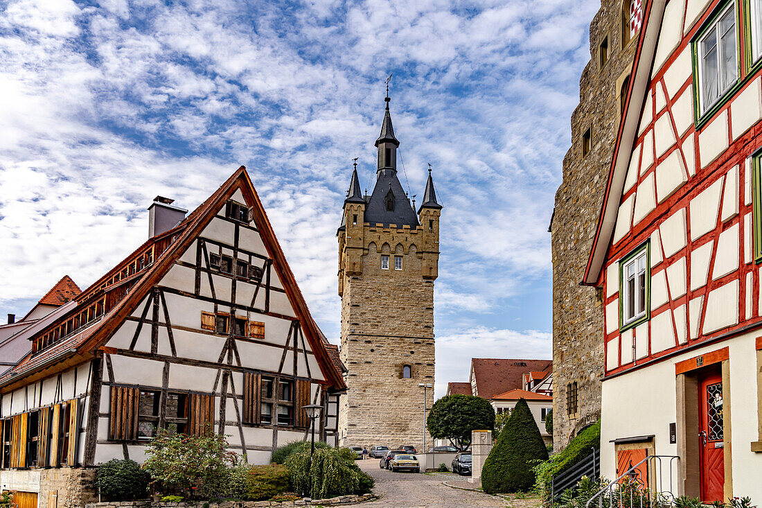 Blue tower and half-timbered houses in Bad Wimpfen, Kraichgau, Baden-Württemberg, Germany