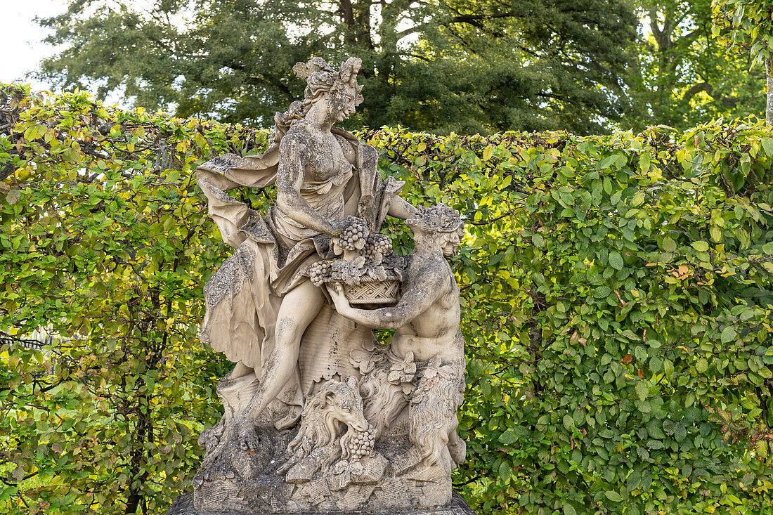 Sculpture in the Rococo courtyard garden of Veitshöchheim Castle, Lower Franconia, Bavaria, Germany