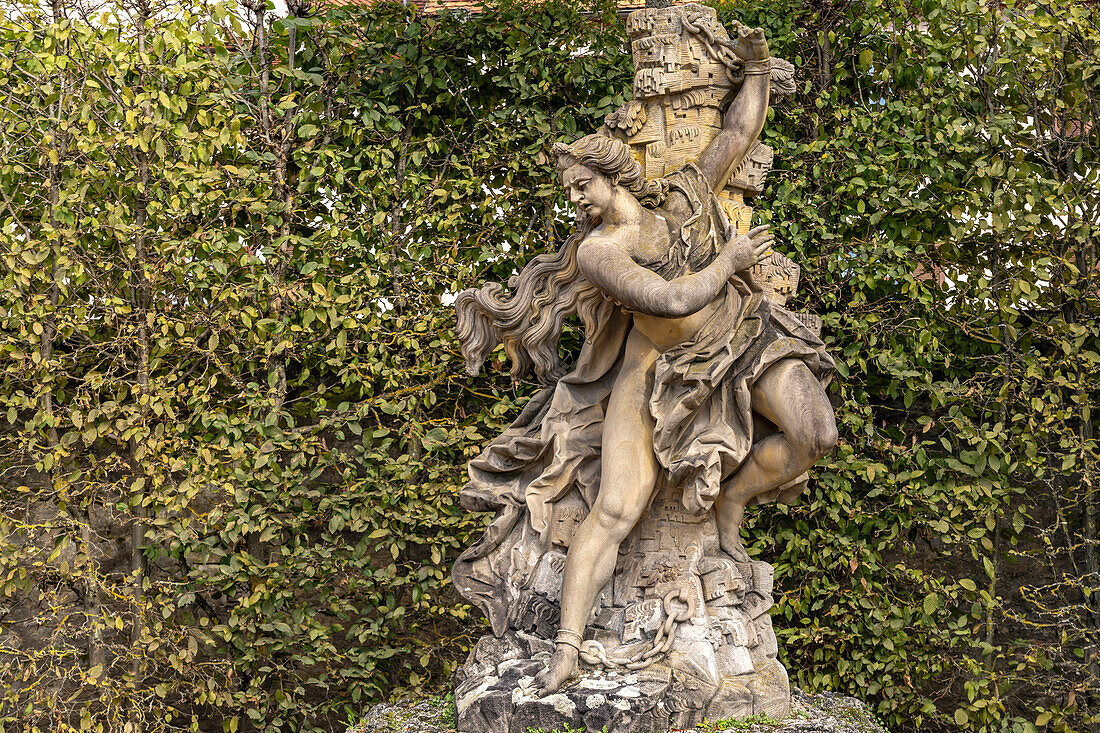 Sculpture in the Rococo courtyard garden of Veitshöchheim Castle, Lower Franconia, Bavaria, Germany