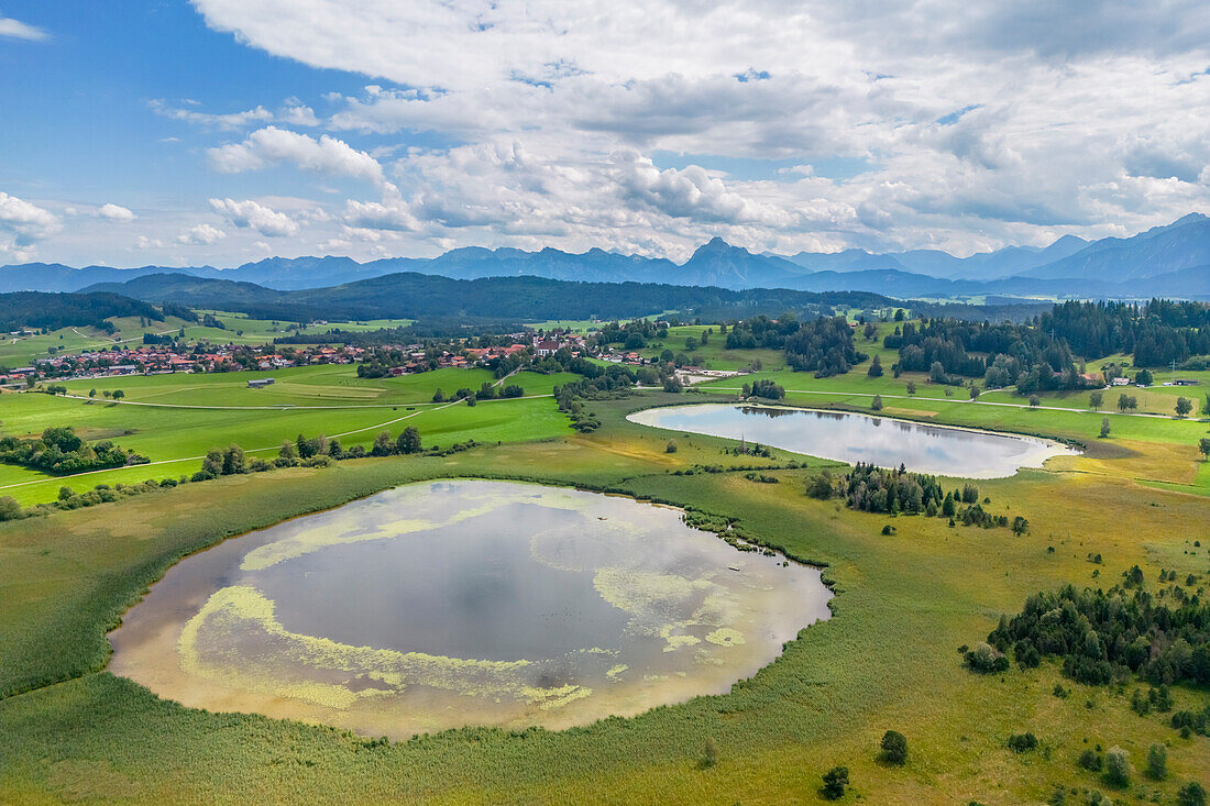 Luftansicht der Seeger Seen mit Blick nach Seeg im Allgäu, Allgäuer Alpen, Schwaben, Allgäu, Bayern, Deutschland