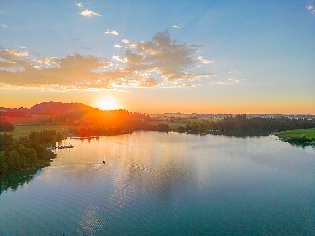 Aerial view of Forggensee in the evening light, Allgäu Alps, Ostallgäu, Swabia, Alps, Prealps, Bavarian Alps, Allgäu, Swabia, Upper Swabia, Northern Limestone Alps, Bavaria, Germany