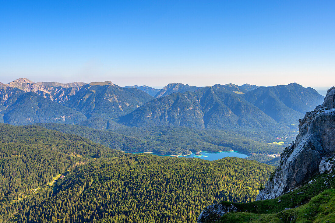 View from the Zugspitze to the Eibsee, Garmisch-Partenkirchen, Wetterstein Mountains, Upper Bavaria, Bavaria, Germany