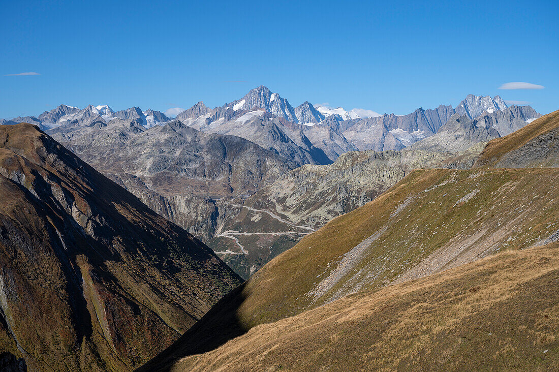 View of Grimselpassstrasse and the Bernese Alps with Finsteraarhorn and Lauteraarhorn, Bernese Oberland, Canton of Valais, Switzerland