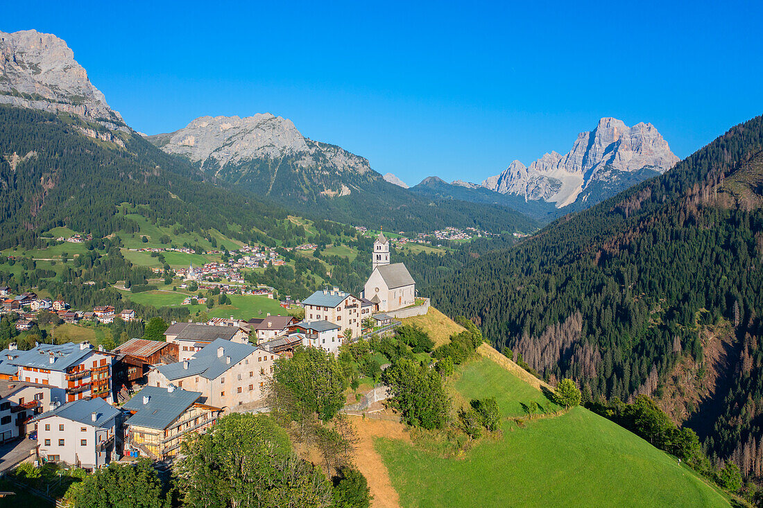Aerial view of Colle Santa Lucia with Monte Pelmo, Belluno Province, Alto Adige, South Tyrol, Alps, Dolomites, Veneto, Veneto, Italy