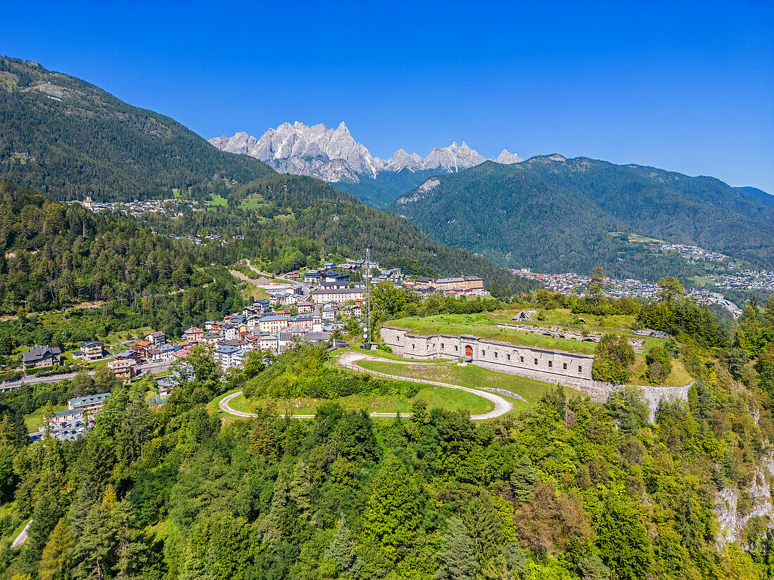 Aerial view of Pieve di Cadore with the Forte Monte Ricco, Province of Belluno, Alto Adige, South Tyrol, Alps, Dolomites, Veneto, Veneto, Italy