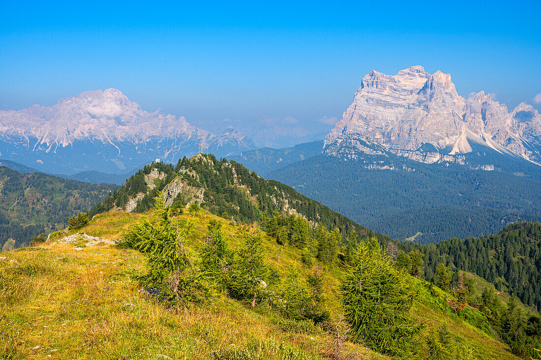 View from Monte Rite to Civetta and Monte Pelmo, Province of Belluno, Alto Adige, South Tyrol, Alps, Dolomites, Veneto, Veneto, Italy