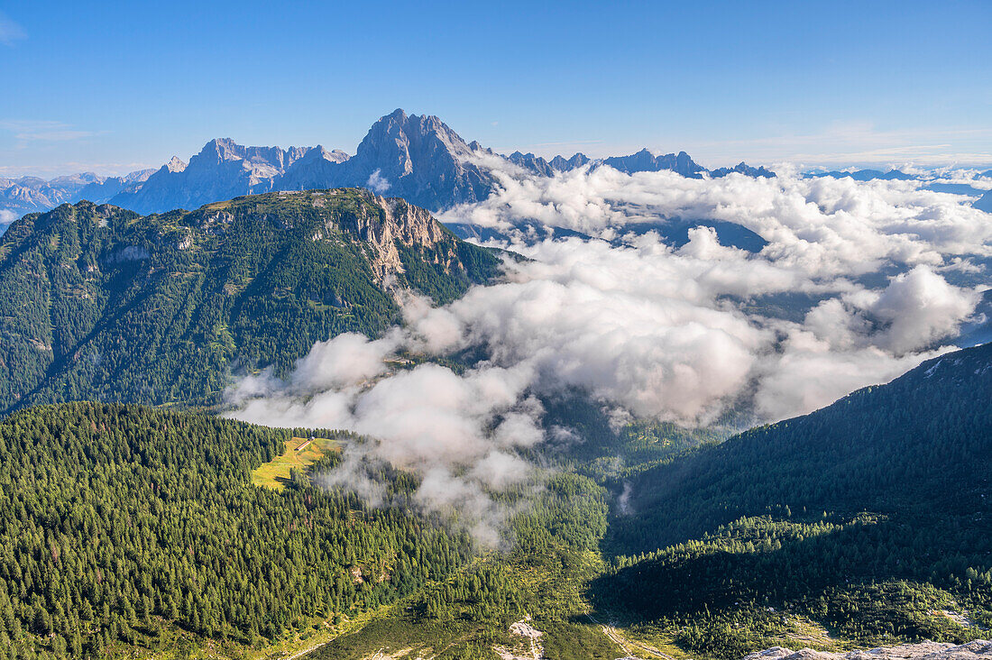 View from the climb to Sfornioi Nord in the Bosconero group of Monte Rite and Antelao, Province of Belluno, Alto Adige, South Tyrol, Alps, Dolomites, Veneto, Veneto, Italy