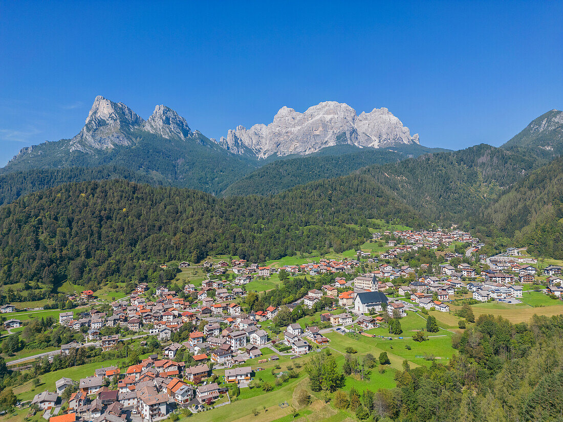 Aerial view of La Valle Agordina with the Moiazza group, Belluno Province, Alto Adige, South Tyrol, Alps, Dolomites, Veneto, Veneto, Italy