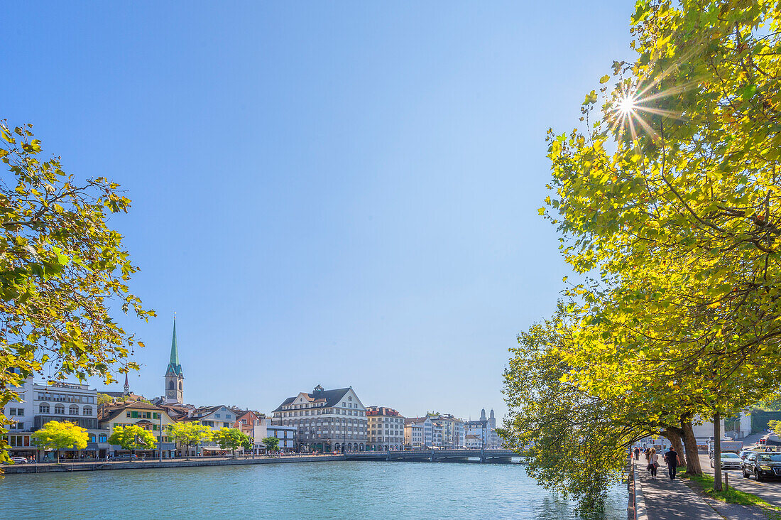 View from Bahnhofquai to Limmat and old town, Zurich, Switzerland