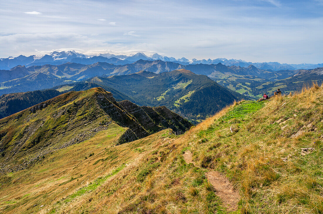 Blick vom Gipfel des Fürsteins auf die Berner Alpen, bei Luzern, Kanton Obwalden, Zentralschweiz, Schweiz